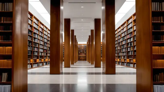 A symmetrical library interior with tall bookshelves