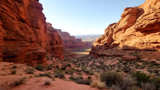 A desert canyon with layered red sandstone walls in warm light