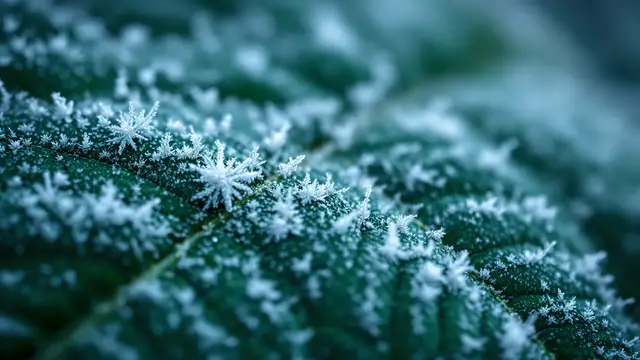 Frost crystals on a dark green leaf