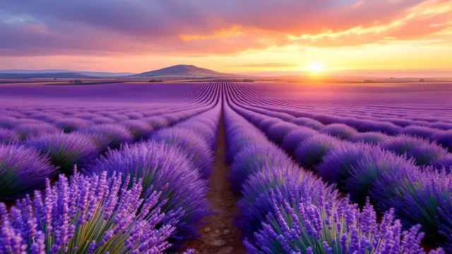 Lavender rows leading to a distant hill at golden hour