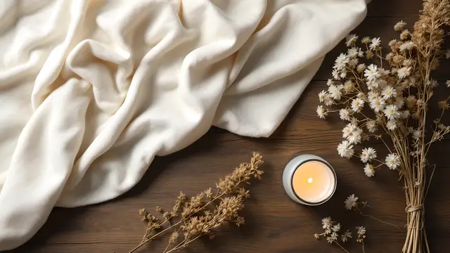 A cream blanket, dried flowers and a candle on a wooden table