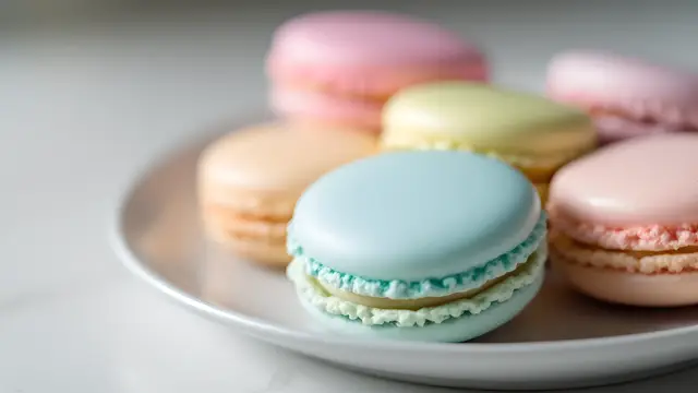 Pastel-coloured macarons arranged on a plain plate