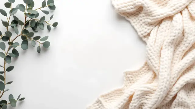 A cream knit throw and a small potted eucalyptus branch