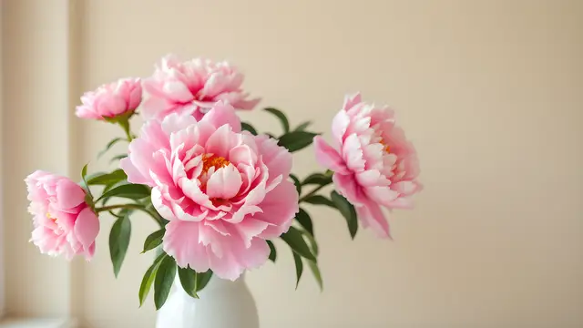 Pink peonies in a white ceramic vase against a pale beige wall