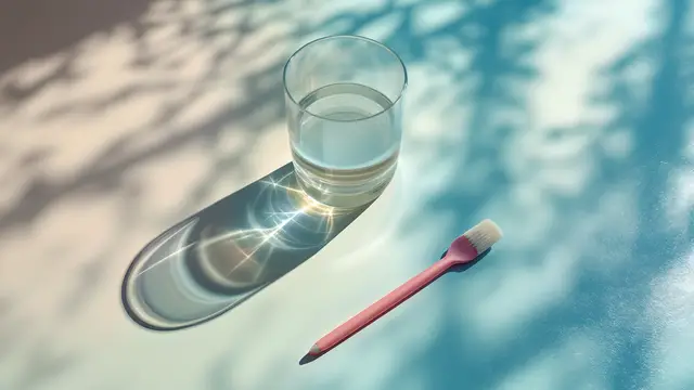 A glass of water casting a light caustic shadow on a pastel surface