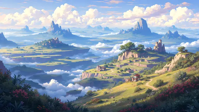 Anime-style scenery of floating islands receding into the distance with strong layered depth and perspective