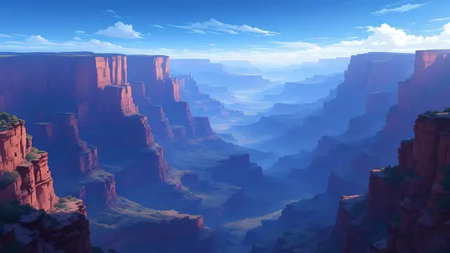 Anime-style scenery of a deep canyon with layered cliffs fading into haze, dramatic perspective