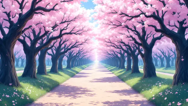 Anime-style scenery of a long tunnel of cherry blossom trees with a strong vanishing point