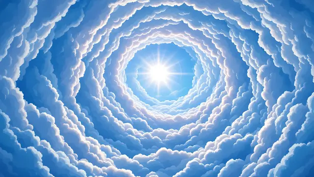 Anime-style scenery of a spiral of clouds opening to a bright sky, deep perspective
