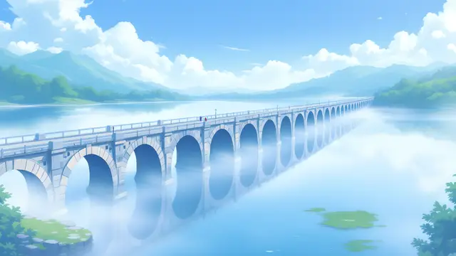 Anime-style scenery of a long stone bridge stretching to the horizon over a misty river