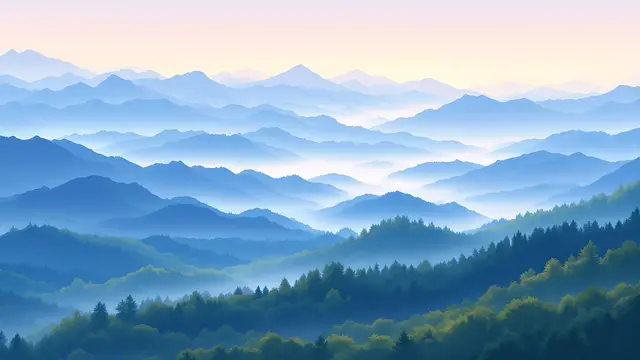 Anime-style scenery of layer after layer of blue mountain ridges in morning fog
