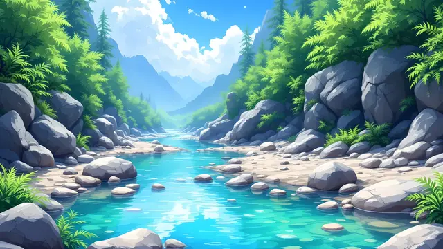 Anime-style scenery of a crystal clear mountain river with detailed pebbles and ferns
