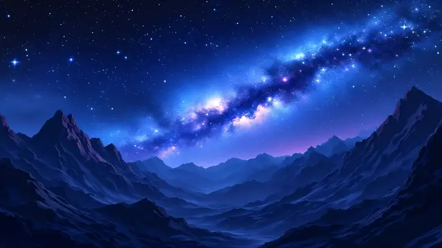 Anime-style scenery of a highly detailed Milky Way night sky over jagged mountains