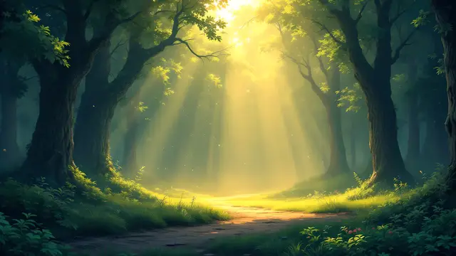 Anime-style scenery of a detailed forest clearing with sunbeams and floating dust
