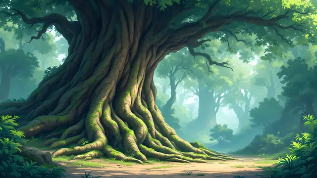 Anime-style scenery of a huge ancient tree with detailed roots and moss in a quiet forest