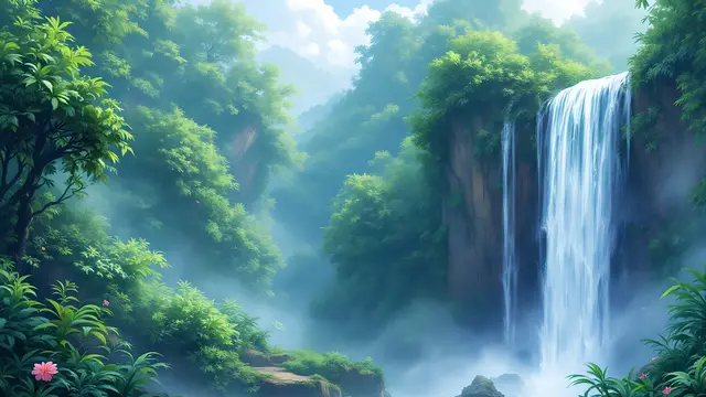 Anime-style scenery of a jungle waterfall with detailed foliage and mist