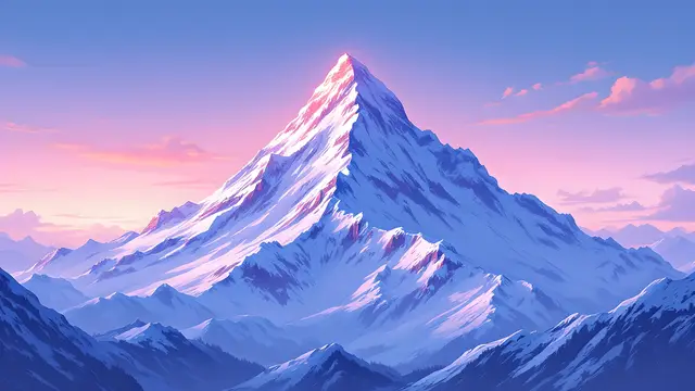 Anime-style scenery of a snowy mountain peak glowing pink at sunrise