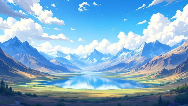 Anime-style scenery of a panoramic mountain lake with a wide sky and reflected clouds