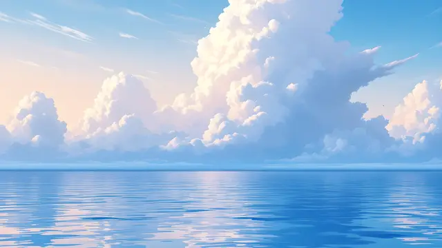 Anime-style scenery of a wide ocean horizon with towering clouds in the afternoon