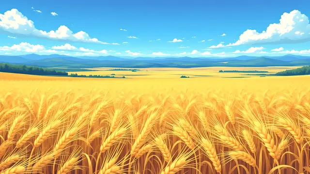 Anime-style scenery of a wide wheat field with distant blue hills under a clear sky