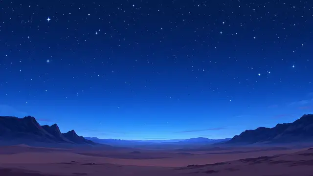 Anime-style scenery of a wide starry night sky over a quiet desert