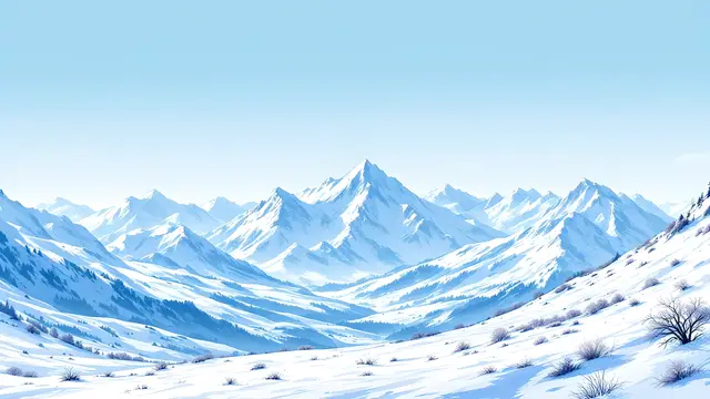 Anime-style scenery of a wide snowy mountain range under a pale blue sky