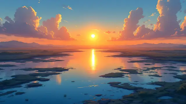 Anime-style scenery of a wide river delta glowing at sunset
