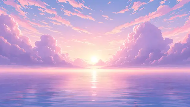 Anime-style scenery of a pastel dusk sky with pink and lilac clouds over a calm sea