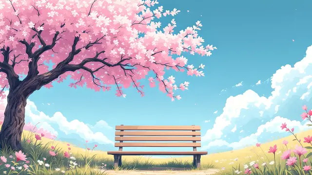Anime-style scenery of an empty wooden bench under a cherry blossom tree on a pastel spring day