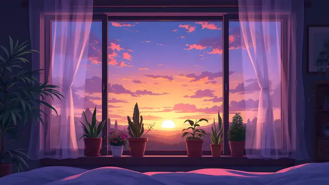Anime-style scenery of a quiet bedroom window at sunset with sheer curtains and potted plants