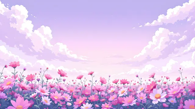 Anime-style scenery of a field of pastel flowers under a soft lilac sky