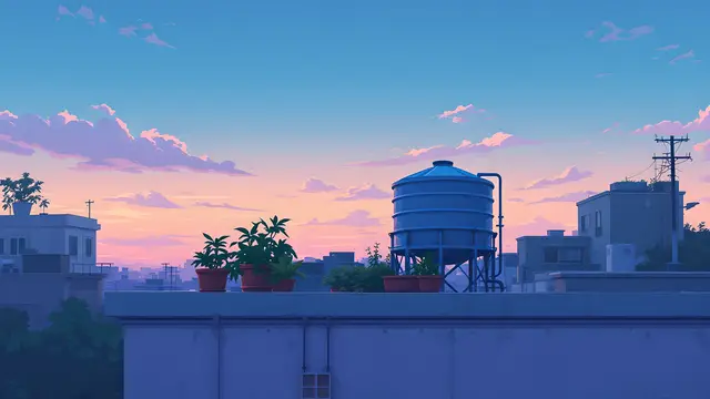 Anime-style scenery of a rooftop with a water tank and potted plants against a pastel evening sky