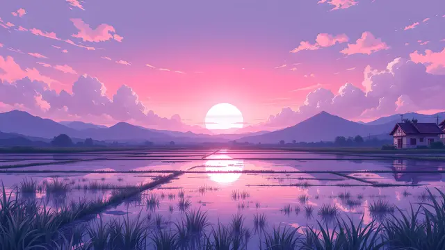 Anime-style scenery of a pastel pink sunset reflected on a flooded rice field