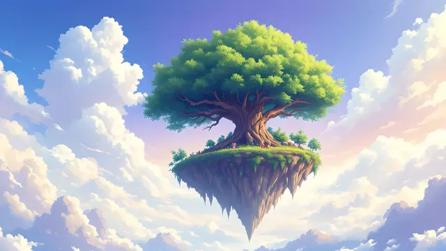 Anime-style scenery of a giant ancient tree on a floating island in the sky