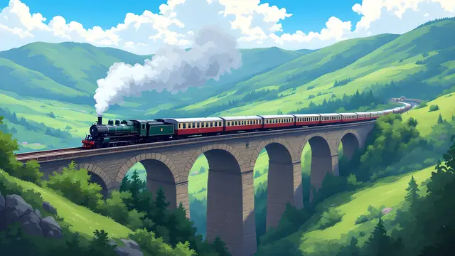 Anime-style scenery of a steam train with plain carriages crossing a stone viaduct over a green valley
