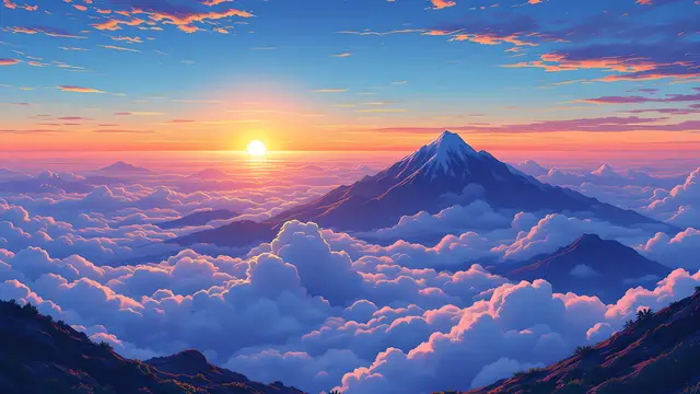 Anime-style scenery of a sunset over a sea of clouds seen from a mountain summit