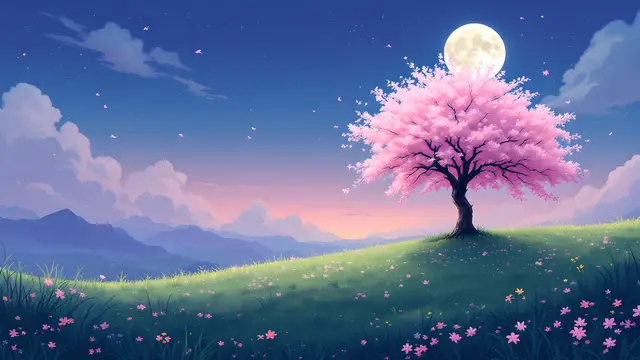 Anime-style scenery of a lone cherry blossom tree on a hill under a full moon
