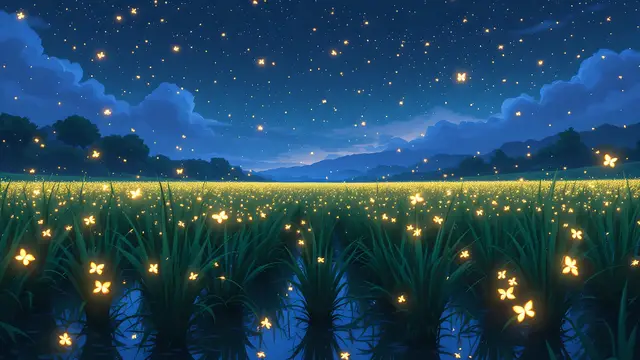Anime-style scenery of glowing fireflies over a rice field at night