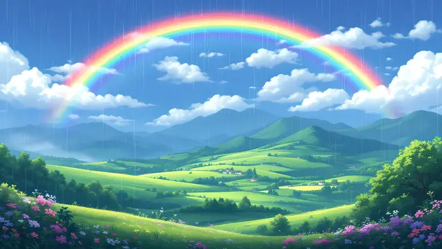 Anime-style scenery of a rainbow over a green valley after rain