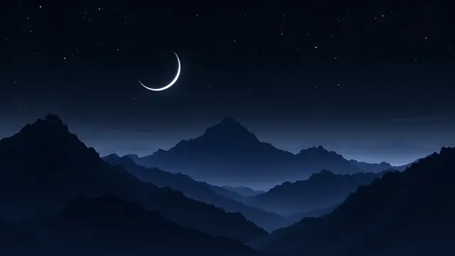 Anime-style scenery of a thin crescent moon over black mountain silhouettes, very dark palette