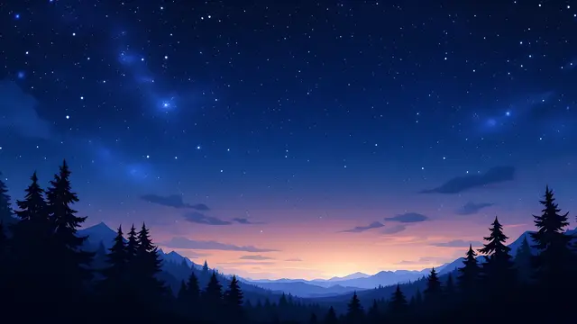 Anime-style scenery of a starry night sky over a dark forest silhouette, mostly black