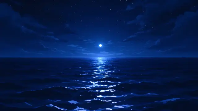 Anime-style scenery of a dark ocean at night with a narrow path of moonlight