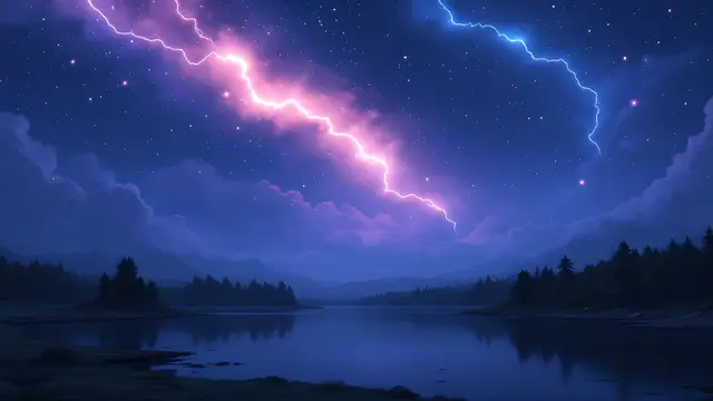 Anime-style scenery of a meteor shower over a silent black lake