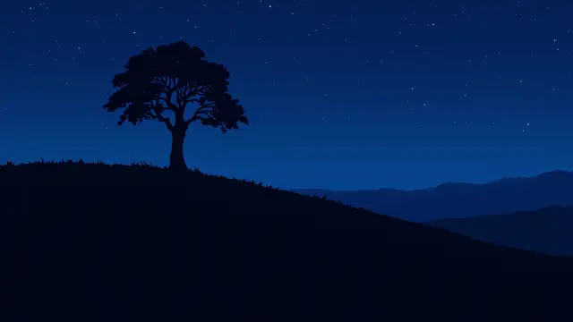 Anime-style scenery of a lone tree silhouette on a dark hill under a faint deep blue night sky