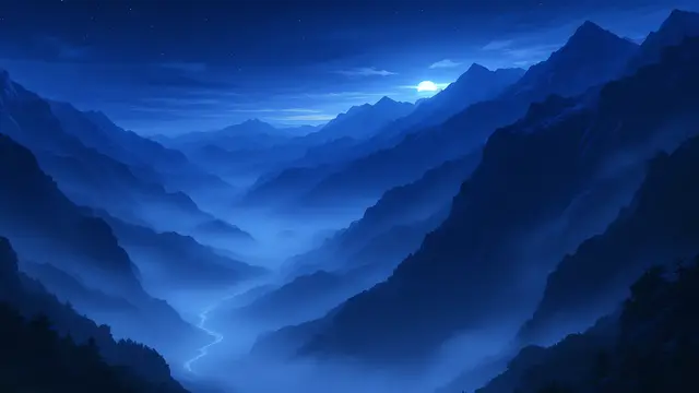 Anime-style scenery of a dark mountain pass wrapped in night fog, black and deep blue tones