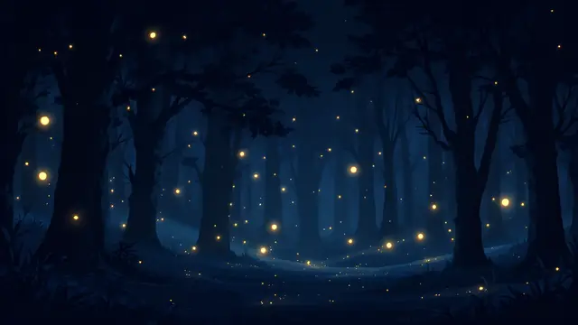 Anime-style black forest at night with faint glowing fireflies