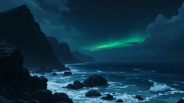 Anime-style black sea cliff at night with a faint green aurora on the horizon