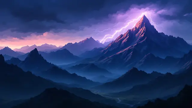 Anime-style scenery of a lightning storm over a jagged mountain range