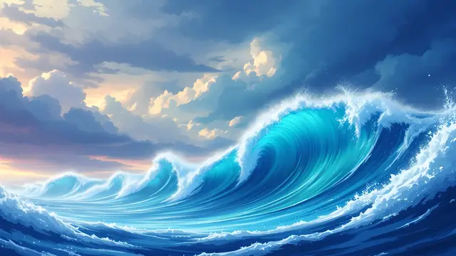Anime-style scenery of giant ocean waves under a dramatic stormy sky