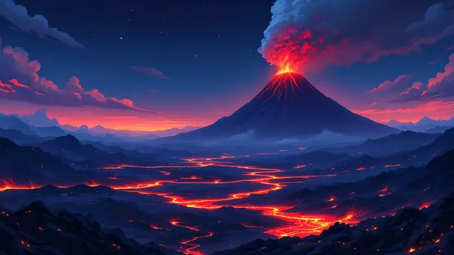 Anime-style scenery of a volcano at night with glowing lava rivers
